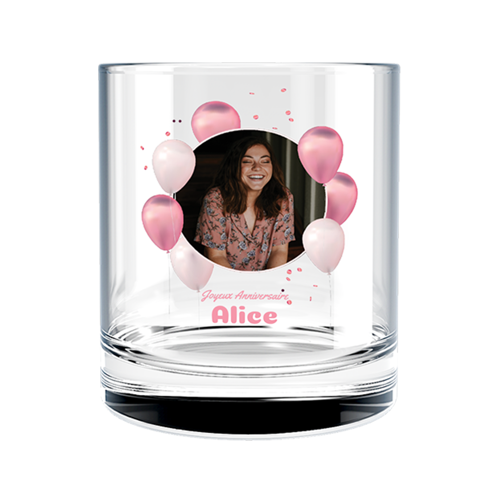 Verre à whisky personnalisé en verre anniversaire photo et ballons roses