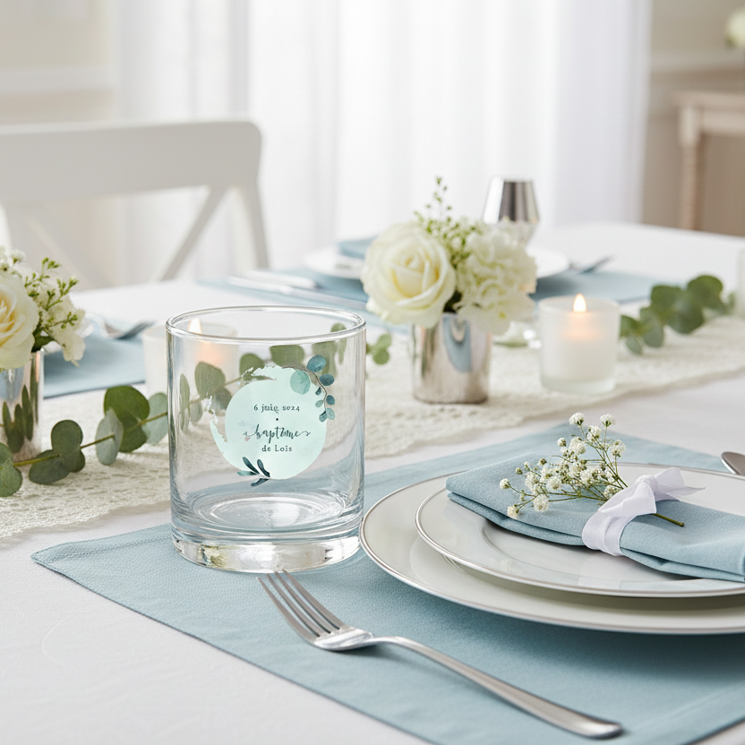 verre à whisky personnalise en verre bapteme bleu et feuilles ambiance