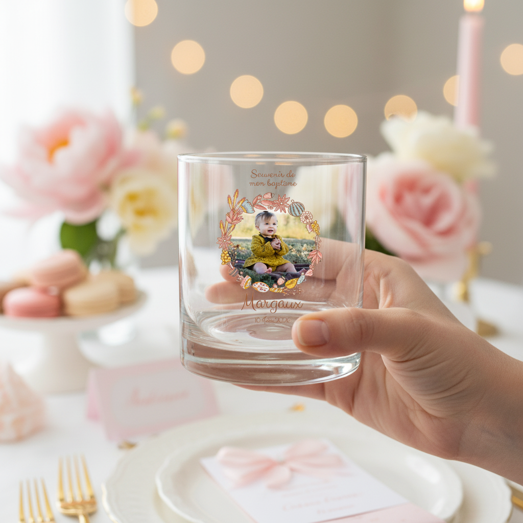 verre à whisky personnalise bapteme couronne rose ambiance