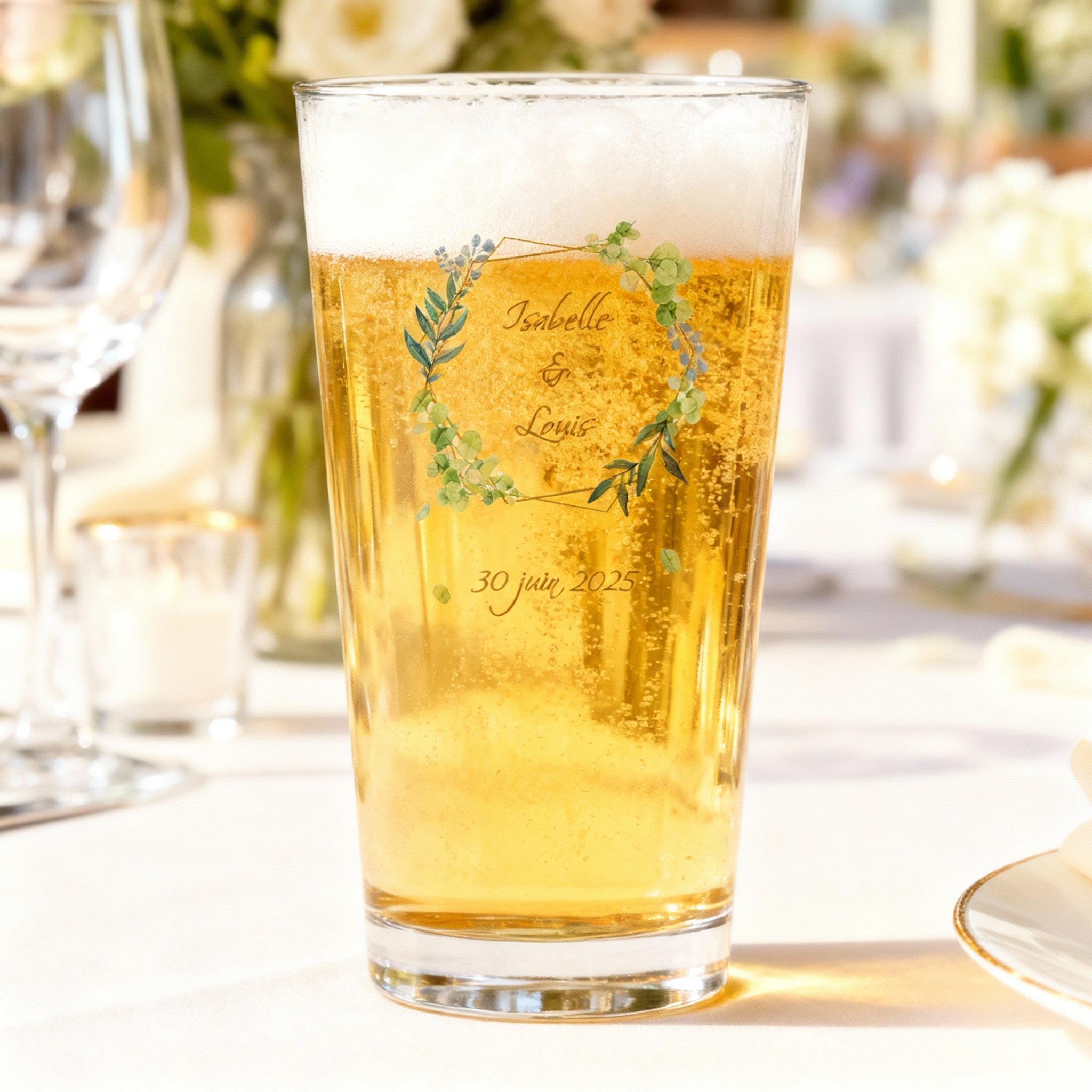 Verre à bière personnalisé Pinte Mariage Encadrement Vert