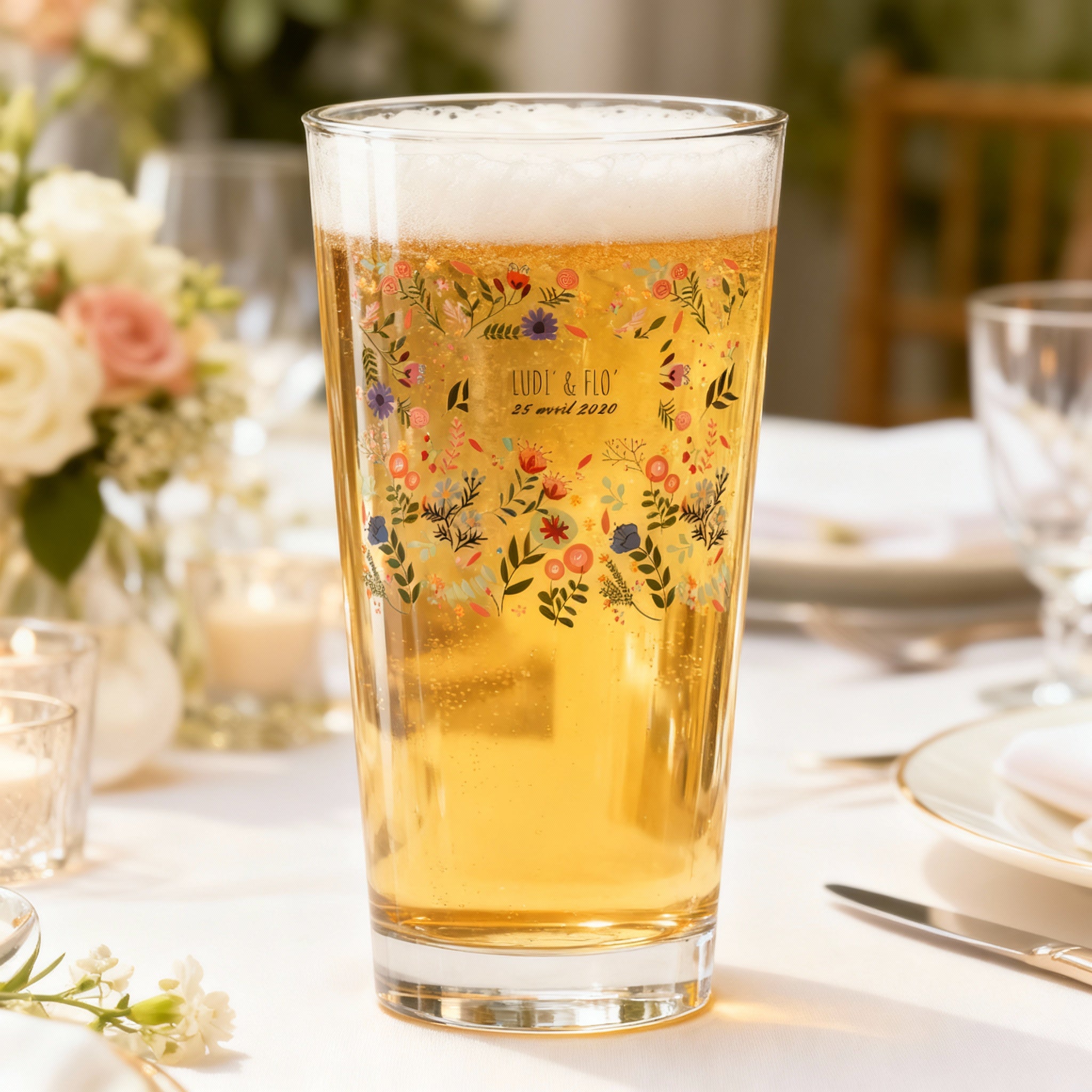 Verre à bière personnalisé en verre Mariage Printemps