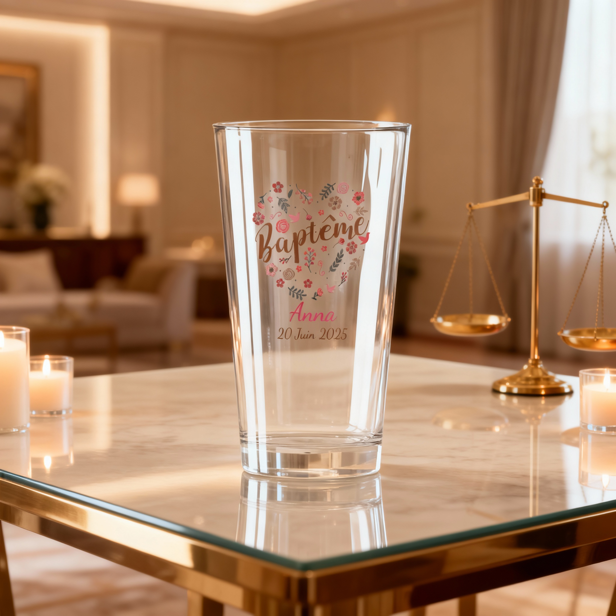 Verre à bière personnalisé Pinte en verre - Baptême Fleuri ambiance