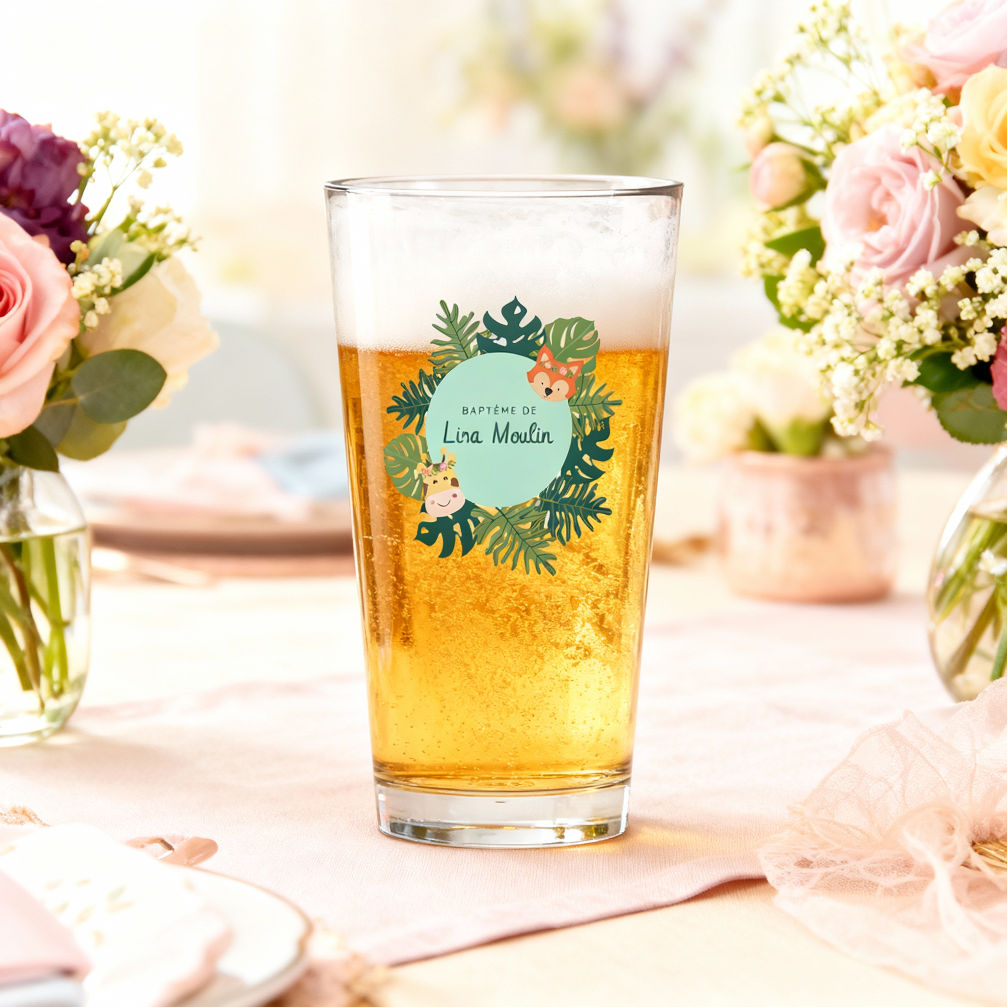 Verre à bière personnalisé Pinte en verre - Baptême Tropical ambiance