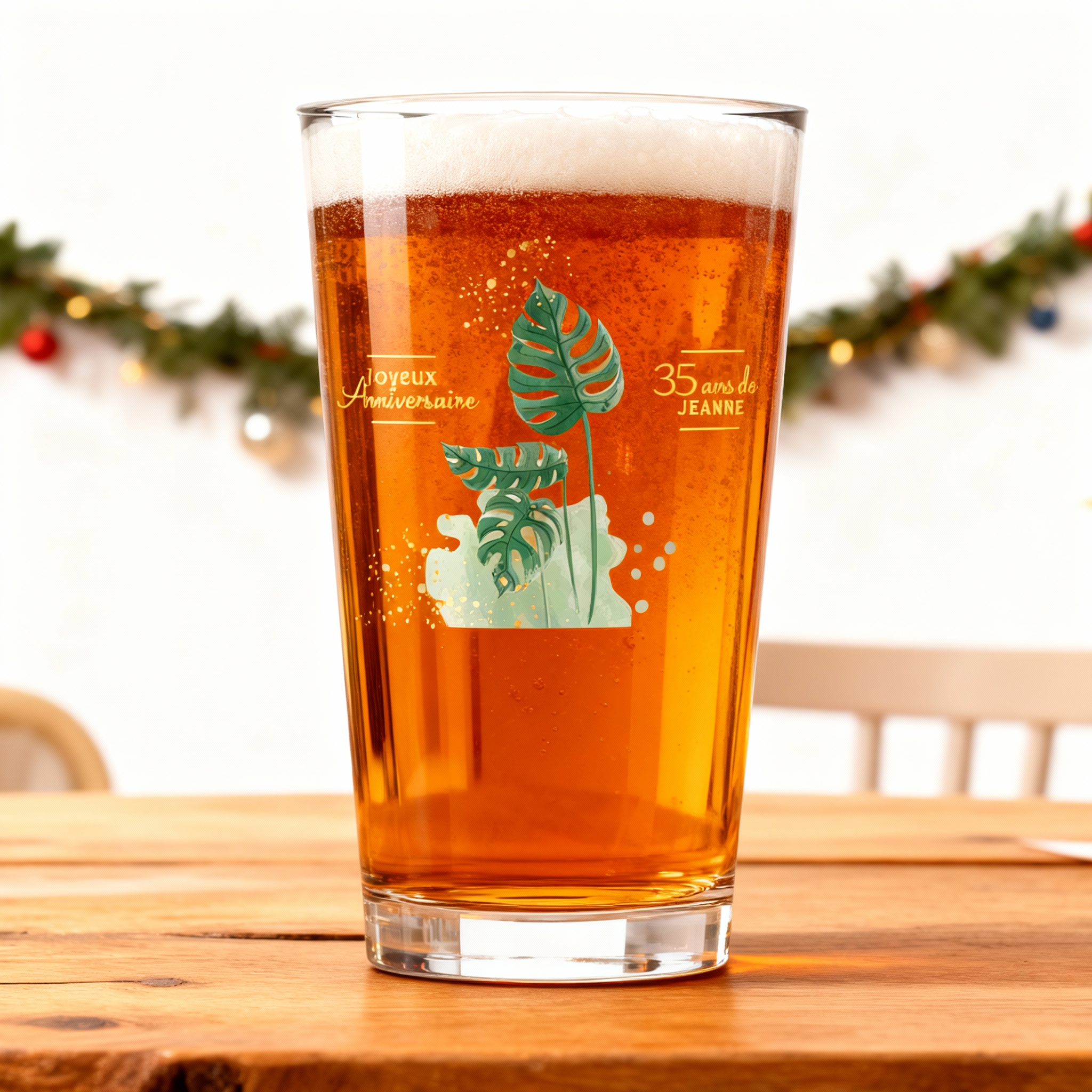 Verre à bière personnalisé Pinte en verre - Anniversaire Monstera ambiance