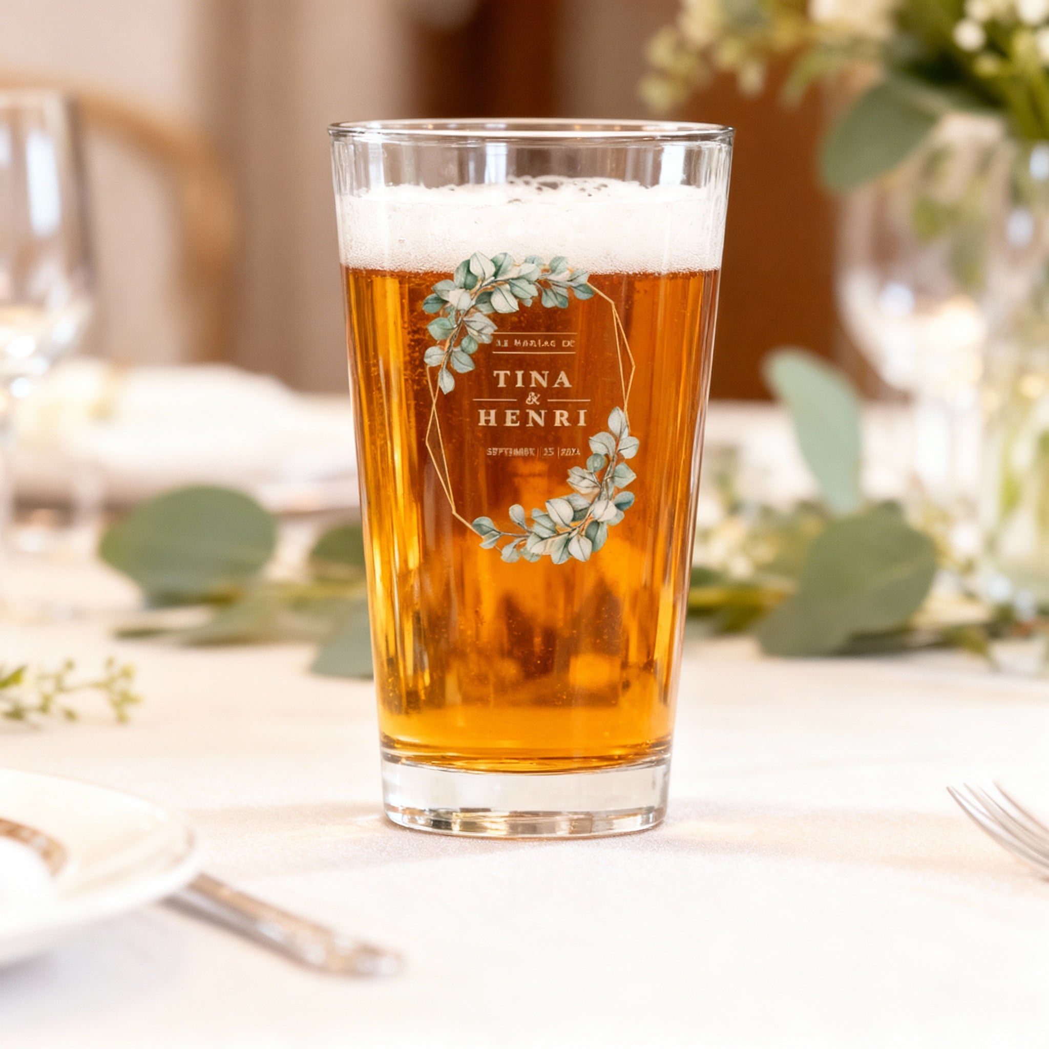 Verre à bière personnalisé en verre Mariage Vert & Doré