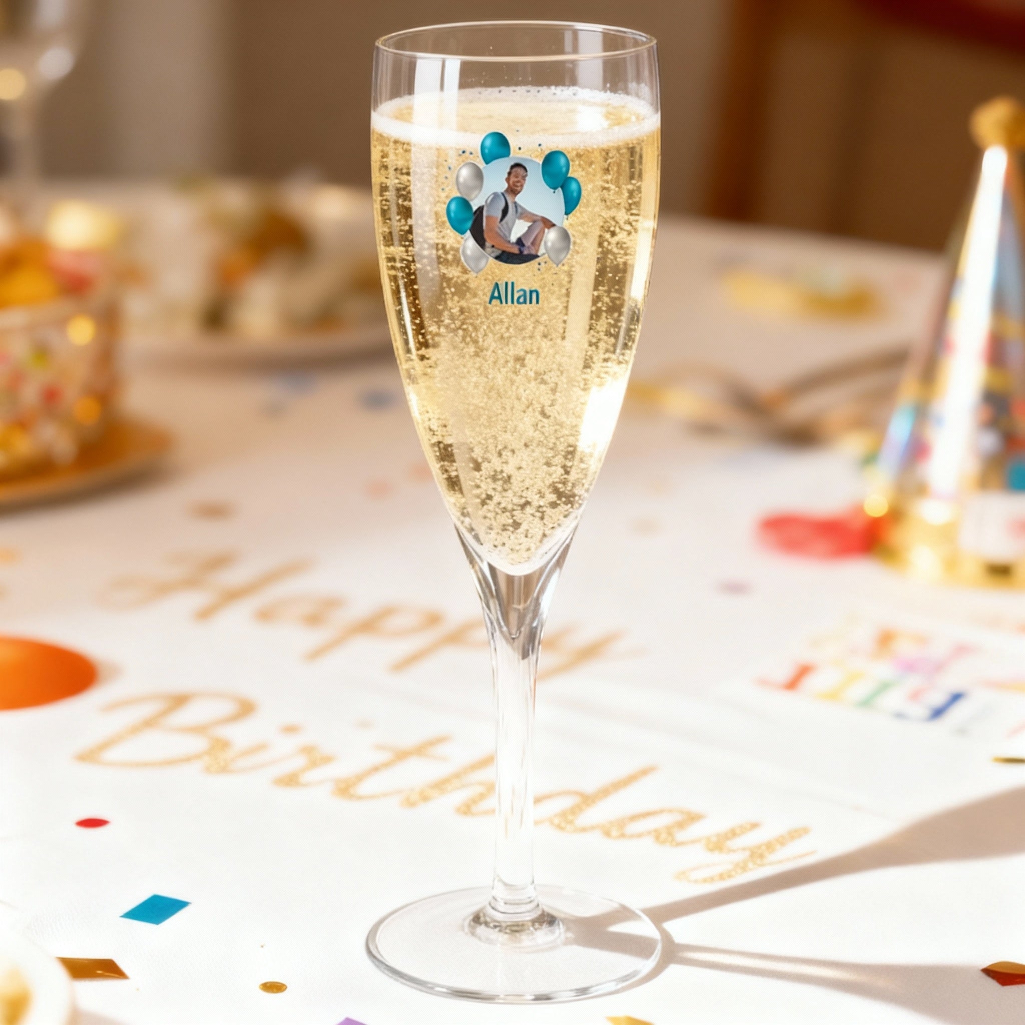 Flûte à champagne personnalisée Anniversaire Photo & Ballons Bleus