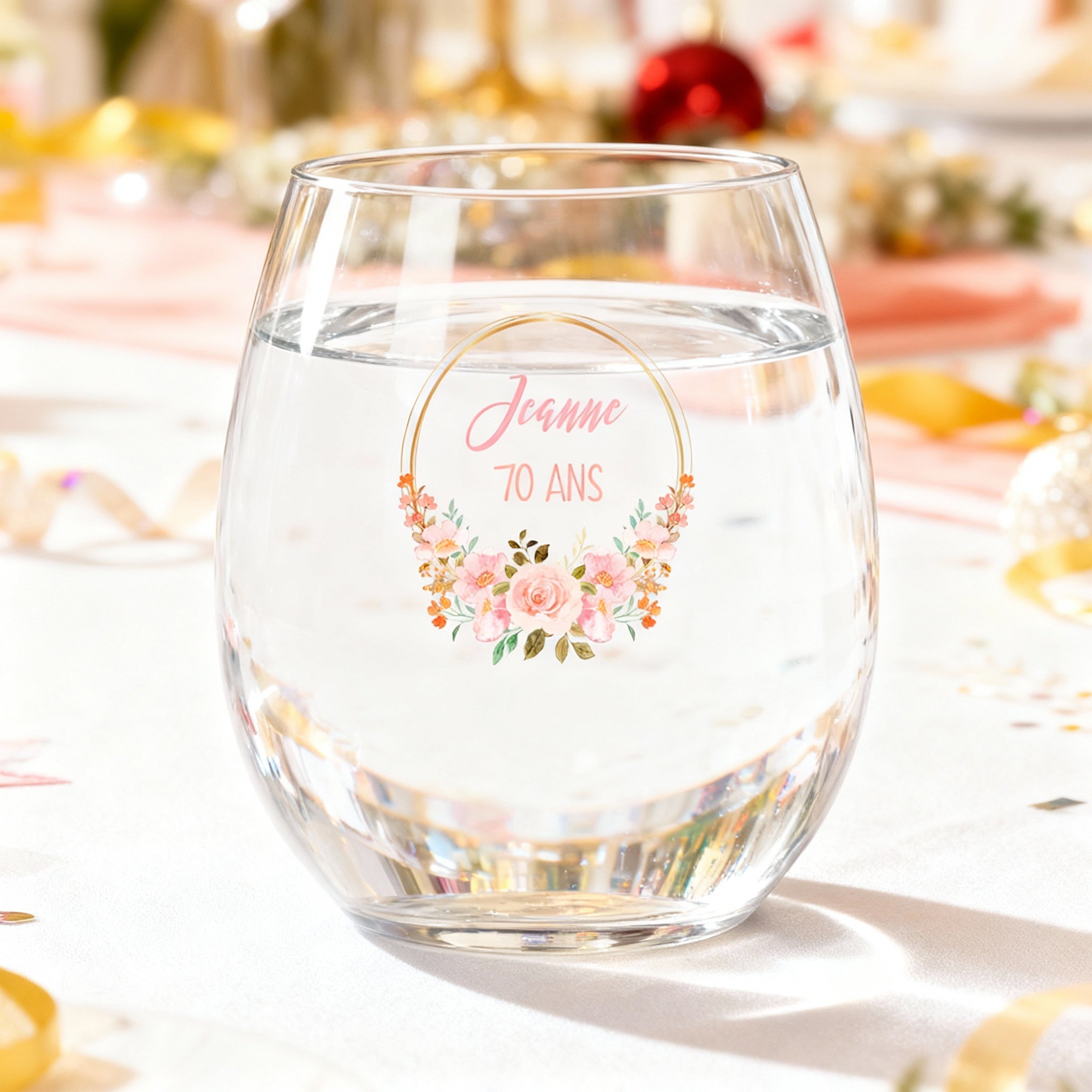 Verre à eau personnalisé Anniversaire Couronne Fleurs