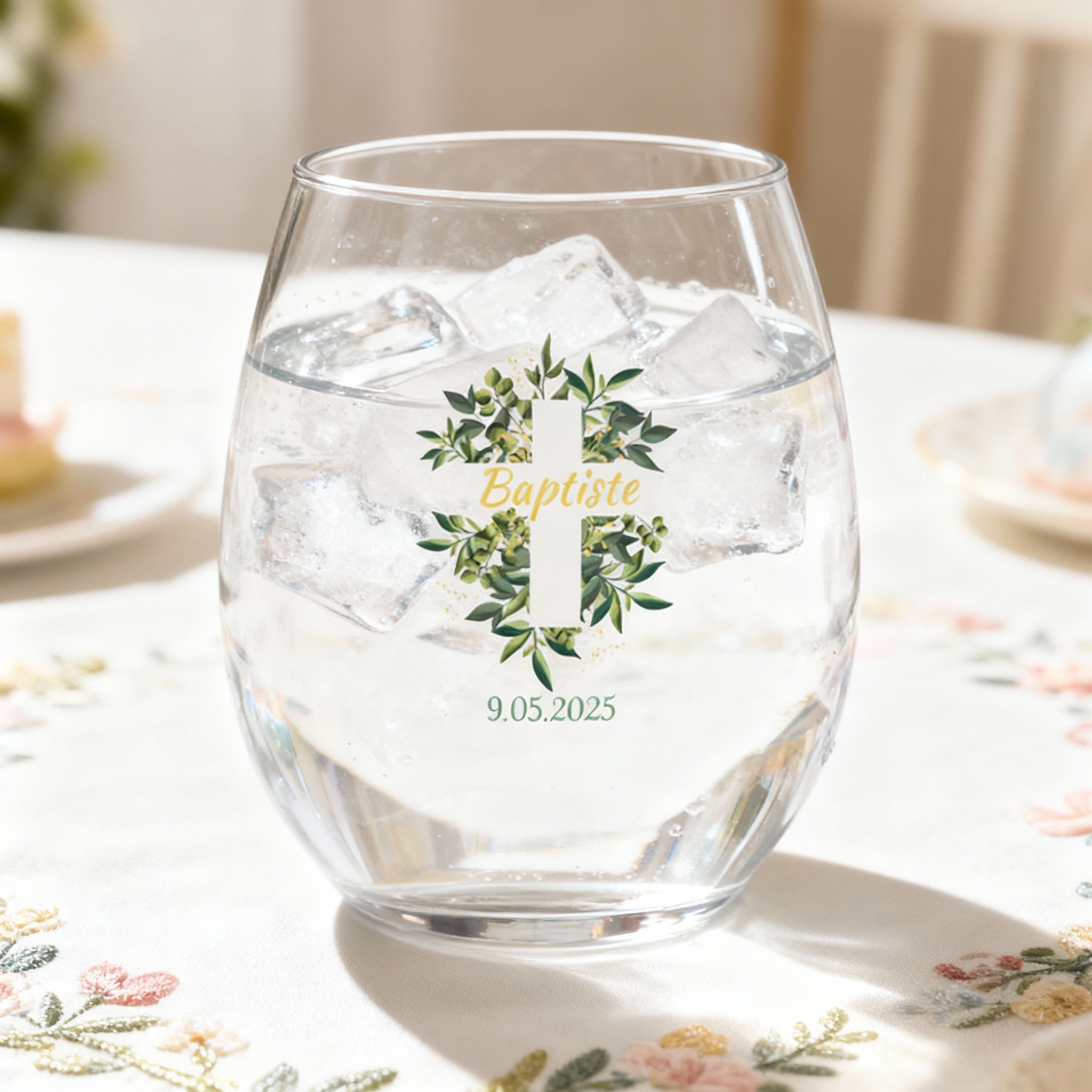 Verre à eau personnalisé Baptême Croix & Feuilles
