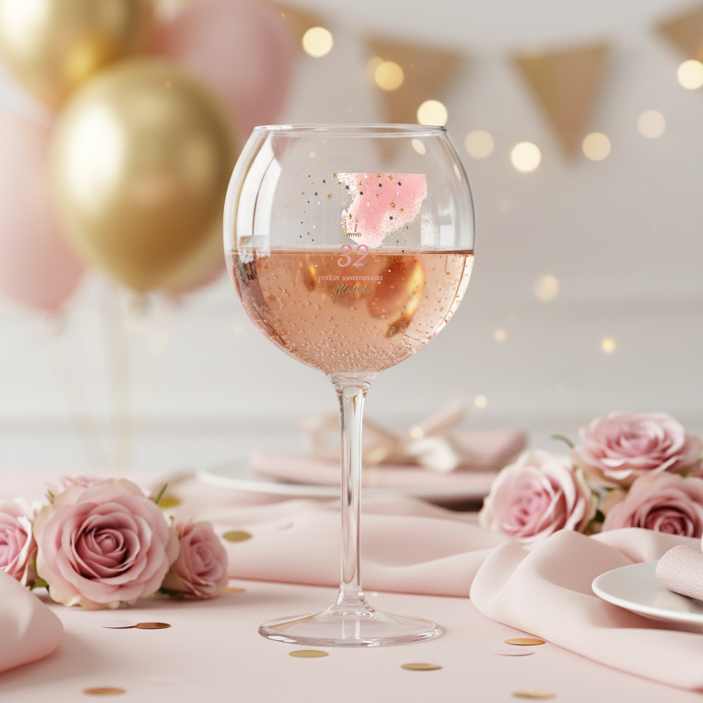 verre piscine personnalise ambiance anniversaire rose & dore