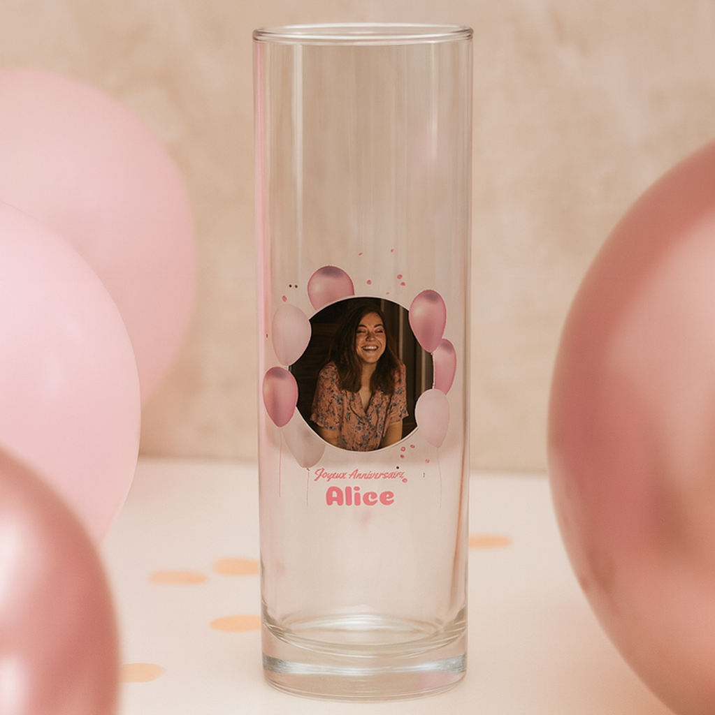 Verre à tube personnalisé Anniversaire Photo & Ballons Roses