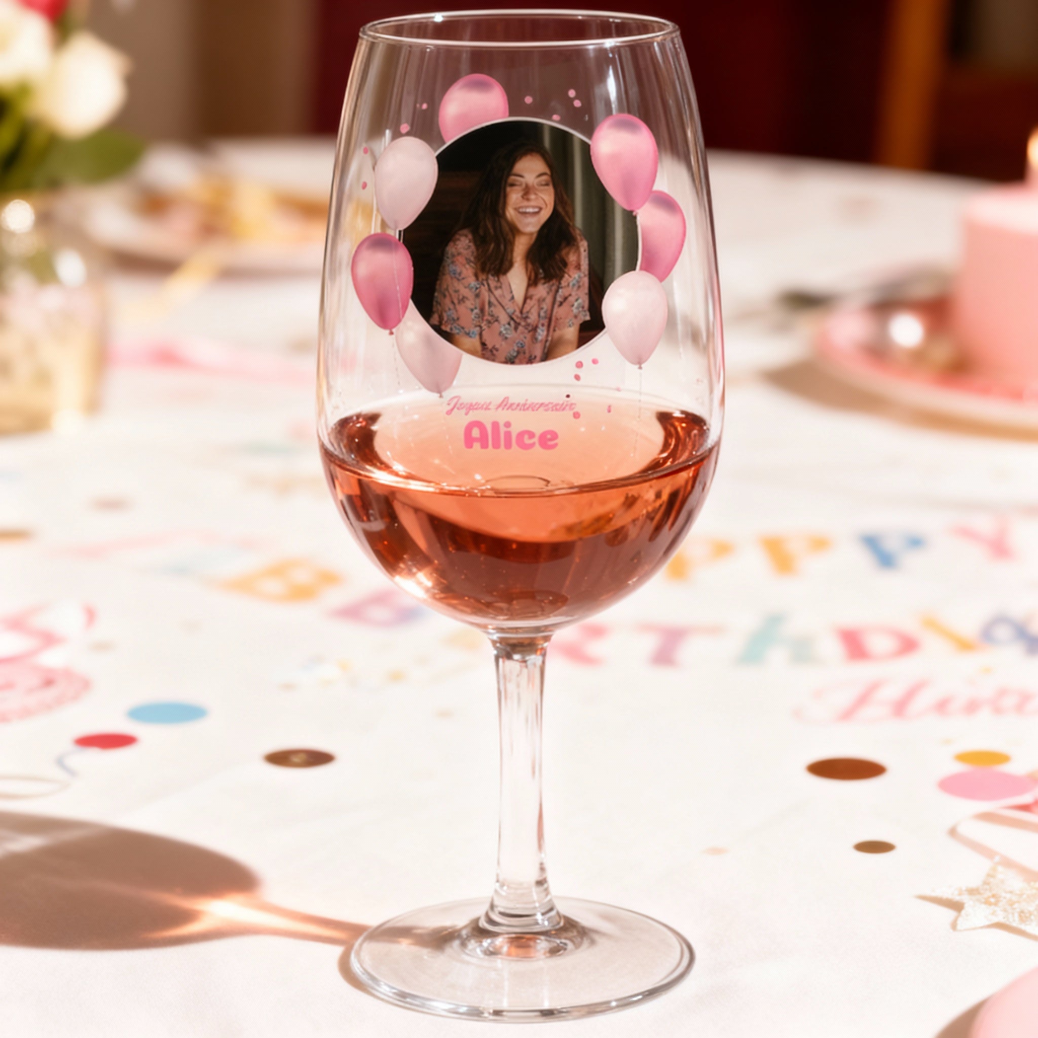 Verre à vin Syrah personnalisé Anniversaire Photo & Ballons Roses