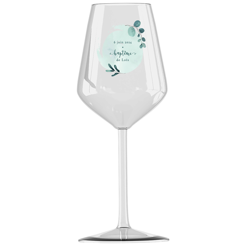 Verre à vin cabernet en verre personnalisé Baptême Bleu & Feuilles