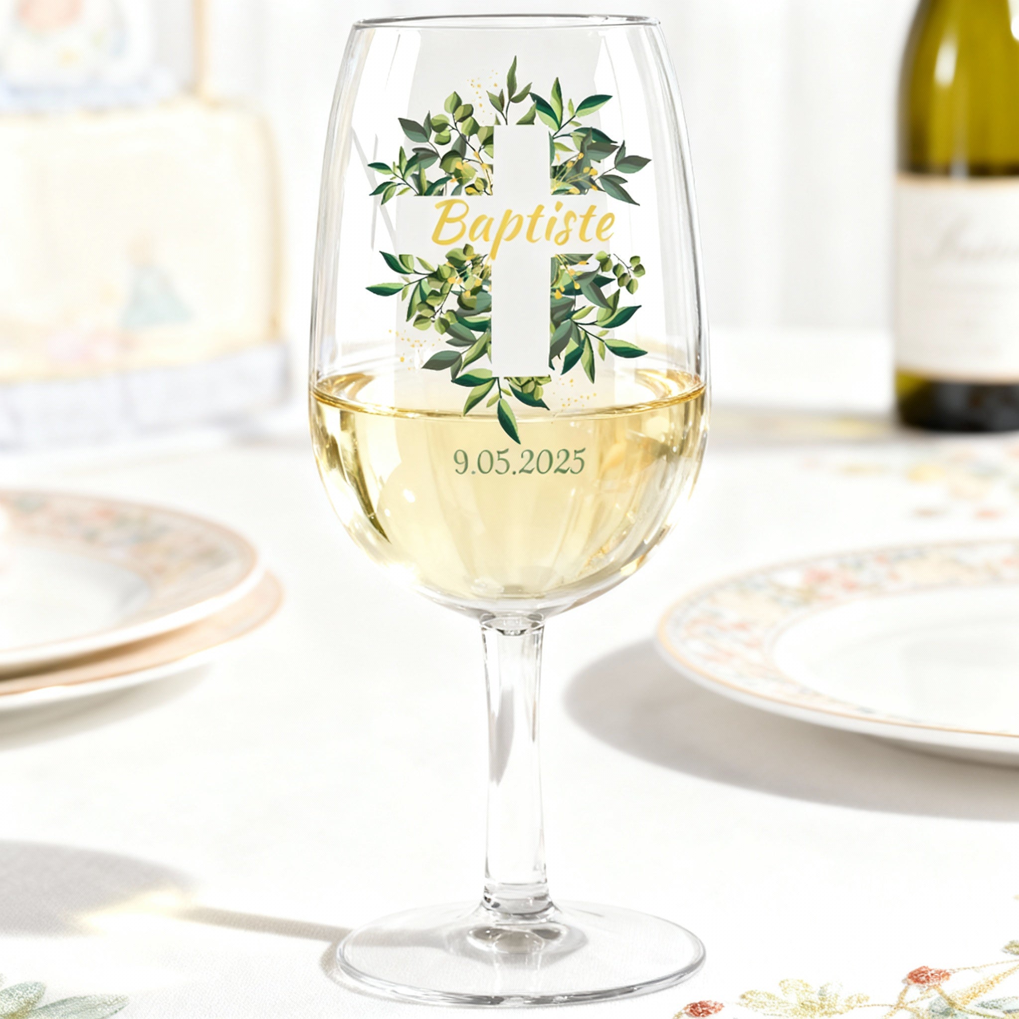 Verre à vin personnalisé incassable Baptême Croix & Feuilles