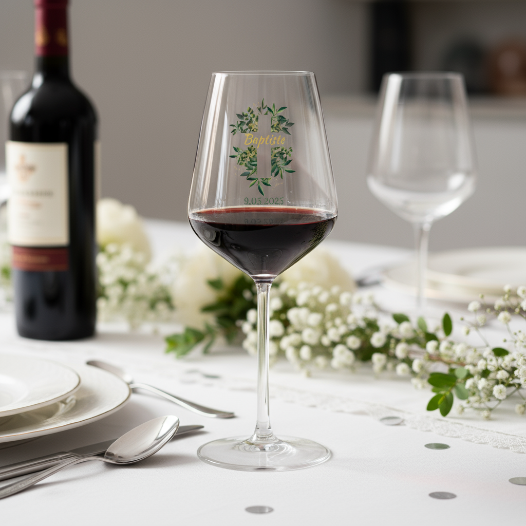 Verre à vin cabernet en verre Baptême Croix & Feuilles