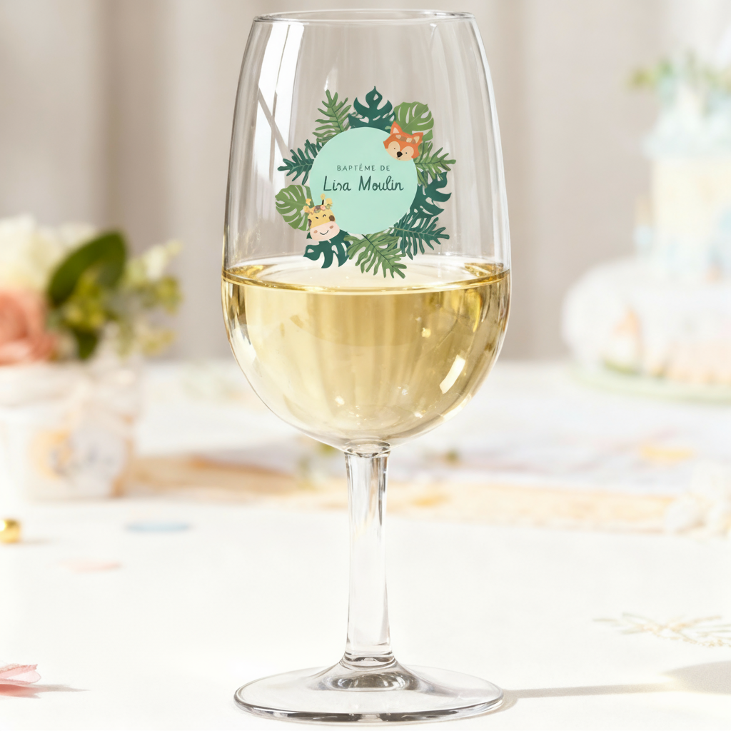 Verre à vin personnalisé incassable Baptême Tropical
