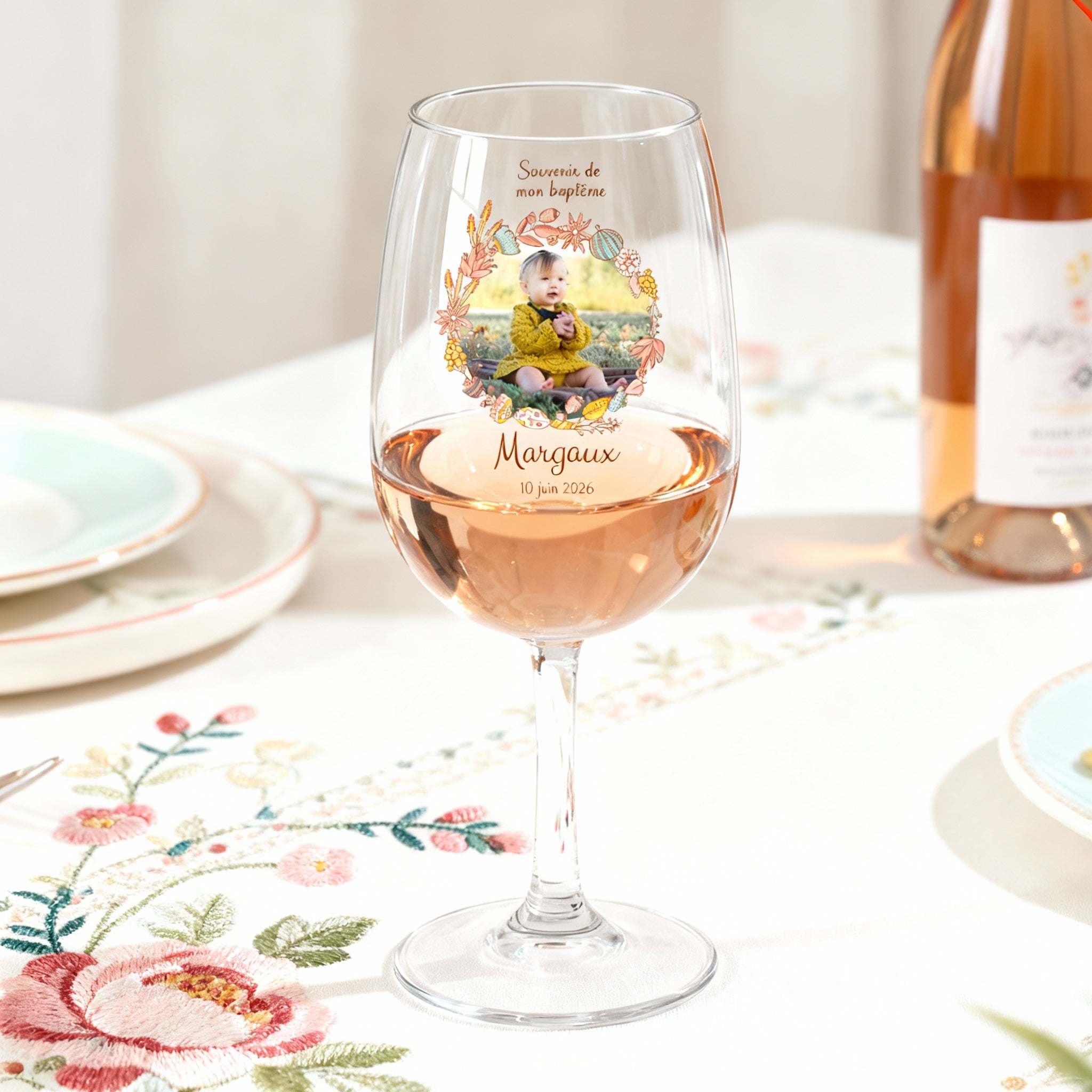 Verre à vin personnalisé incassable Baptême Couronne Rose