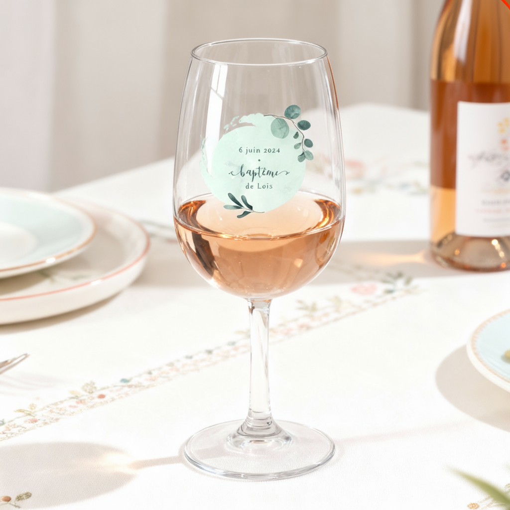Verre à vin personnalisé incassable Baptême Bleu & Feuilles