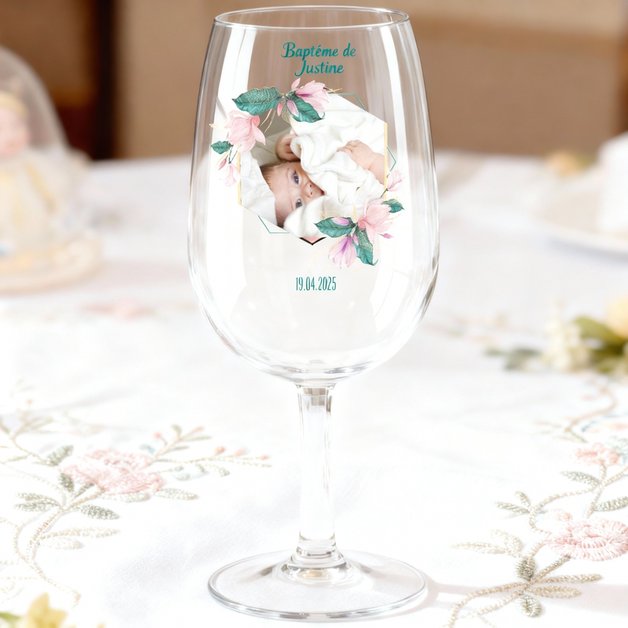 Verre à vin Syrah personnalisé incassable Baptême Rose & Bleu