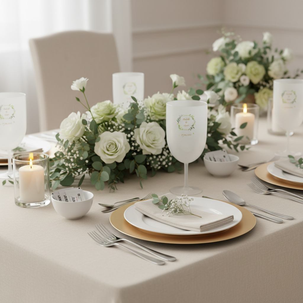 Verre à vin personnalisé en plastique - Mariage Encadrement Vert ambiance