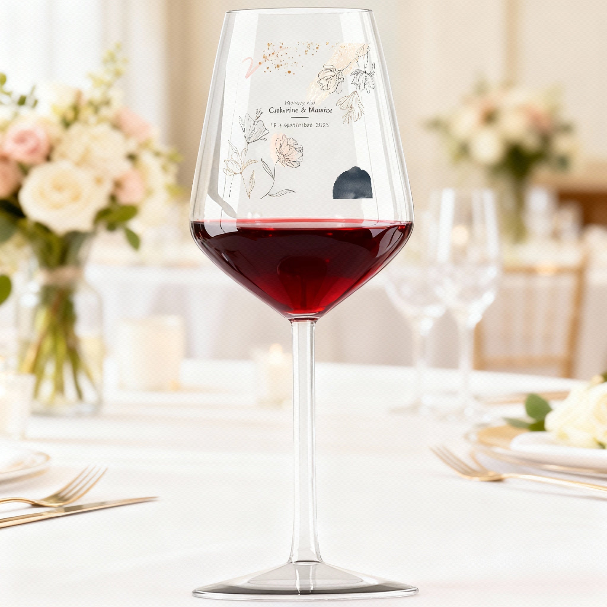 Verre à vin en verre personnalisé Mariage Moderne Champêtre