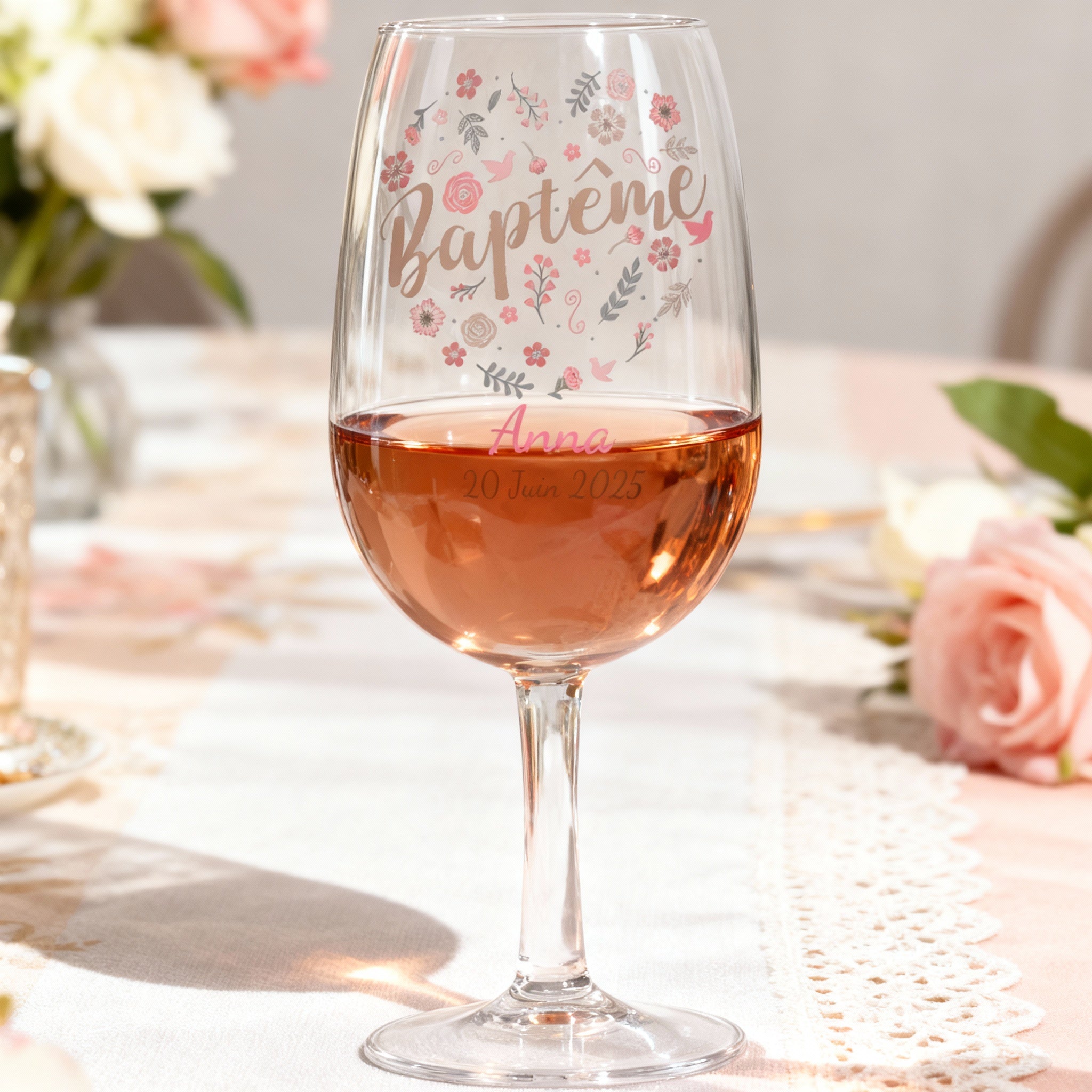 Verre à vin personnalisé incassable Baptême Fleuri