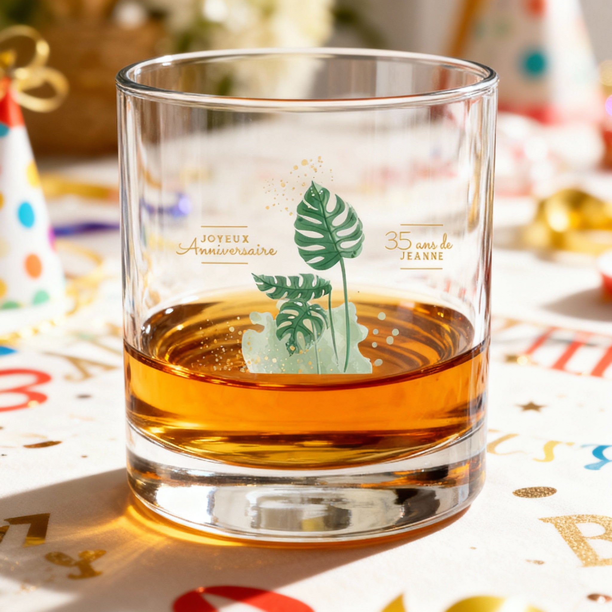 Verre à whisky personnalisé Anniversaire Monstera