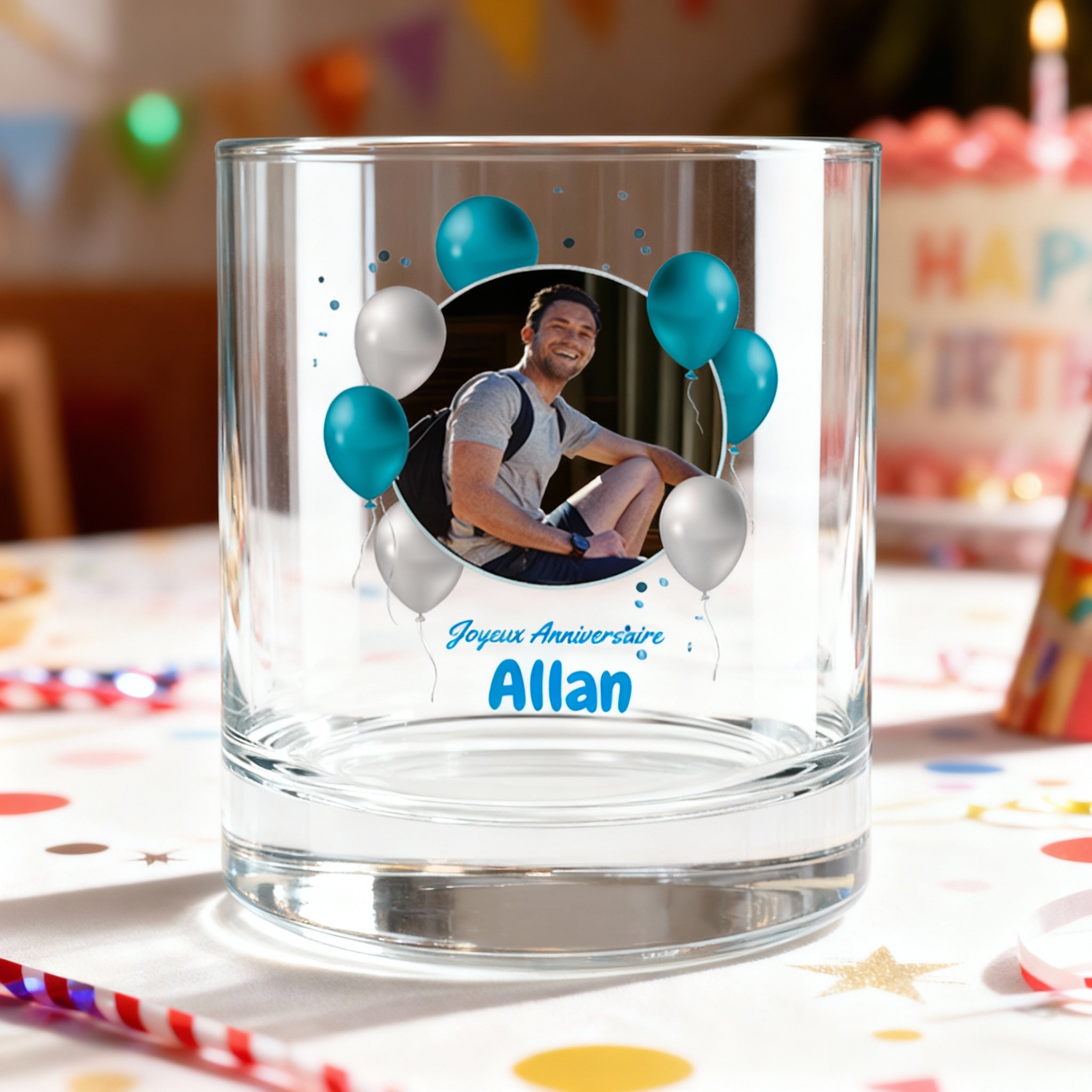 Verre à whisky personnalisé Anniversaire Photo & Ballons Bleus