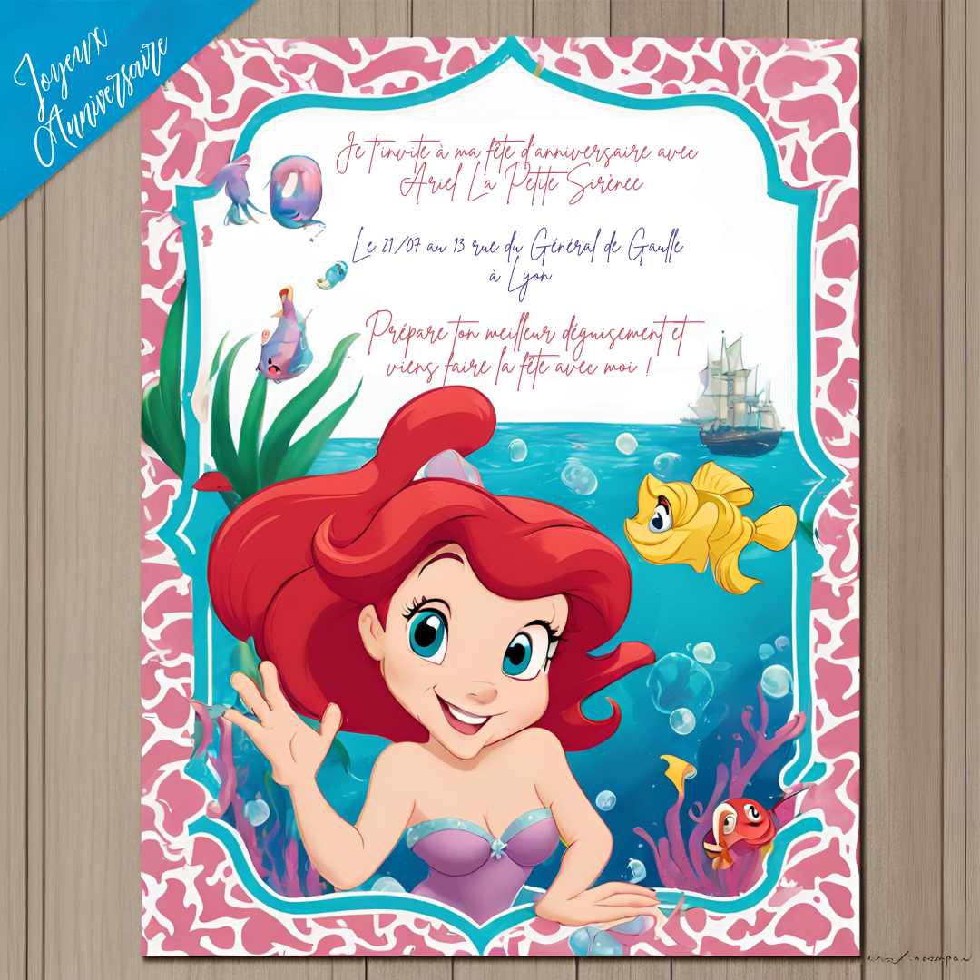 carte d’invitation anniversaire Ariel la petite sirène