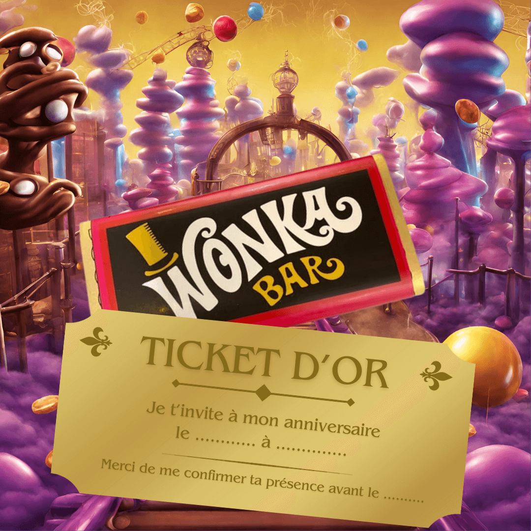 Carton d’invitation sur le thème Willy Wonka